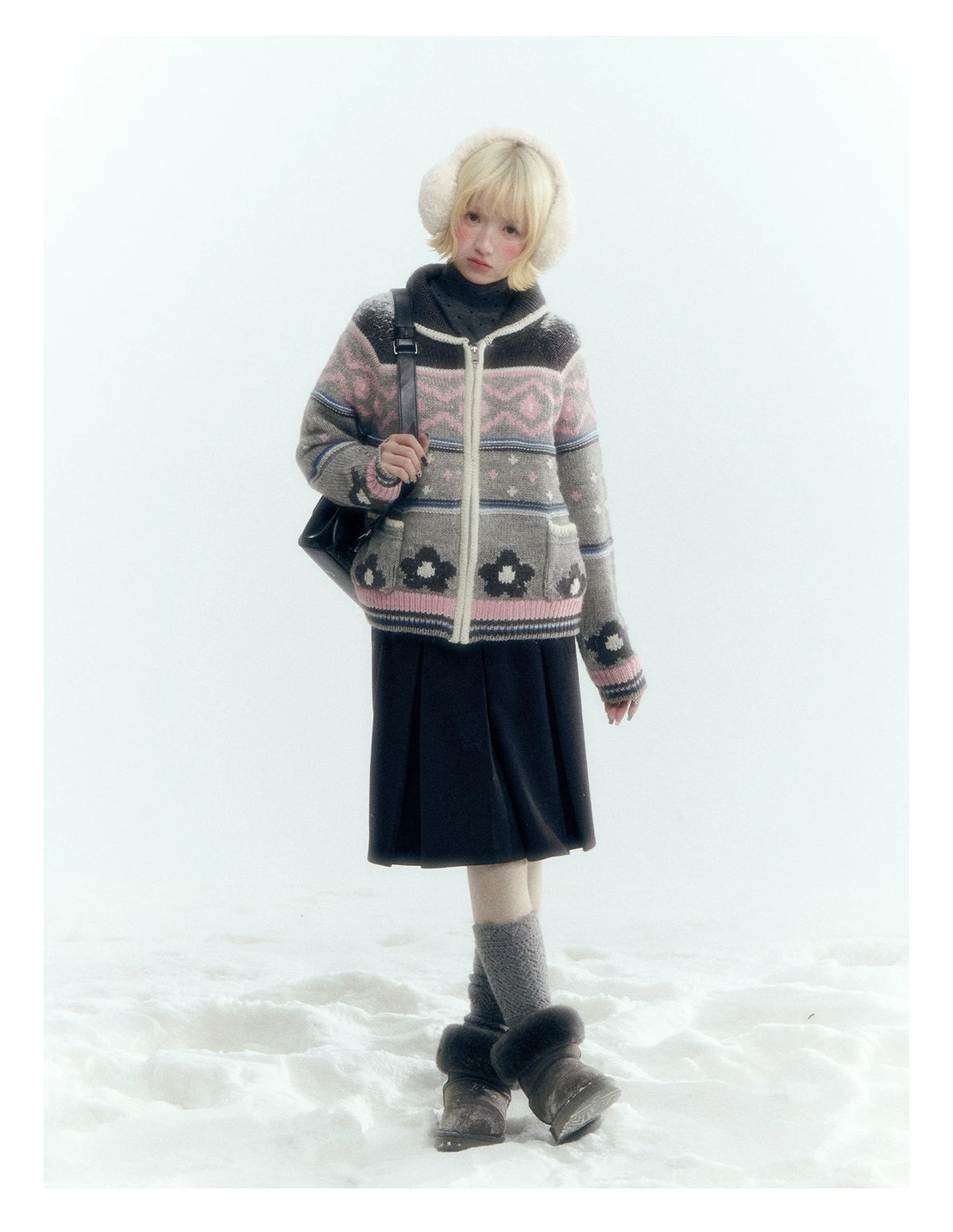 Horridale - Gray Pink Fair Isle Floral Zip-Up Knit Cardigan
