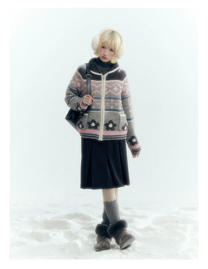Horridale - Gray Pink Fair Isle Floral Zip-Up Knit Cardigan