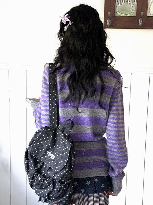 KYOUKO - Purple Gray Striped Knit Top & Denim Blue Polka-Dot Skirt Set
