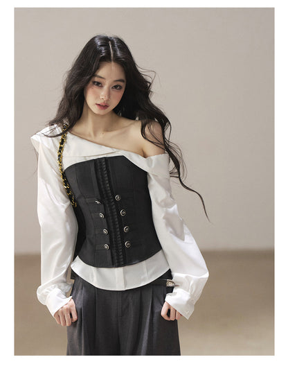 170726 "Where the Sea Breeze Finds Me" Deep Slate Bustier & Pure White Layered Shirt Set