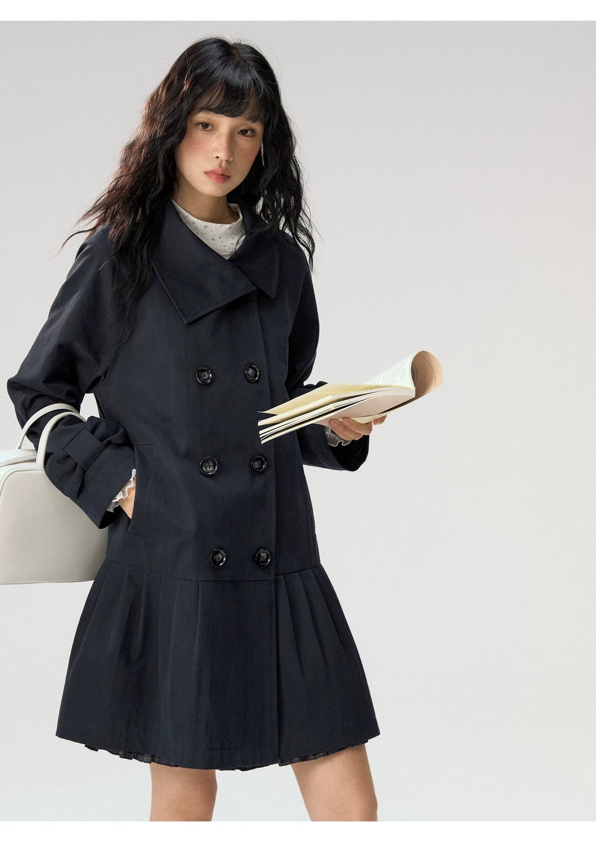 [CAN] "Azure Echoes" Navy Double-Breasted Bow Long Trench Coat