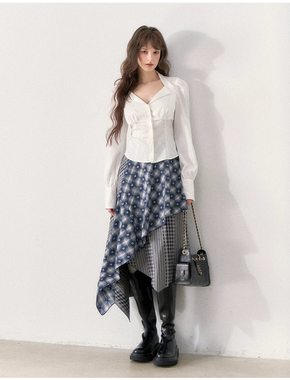 [TMMG] Retro Sweetheart Collar Shirt & Denim Corset Waist Belt Asymmetric Plaid Skirt Set