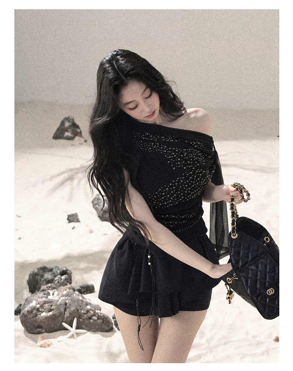 “Frosted Kiss” Quiet Black Crystal Mesh Short Sleeve Top