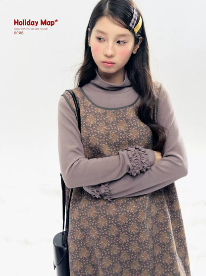 "Lavender Mist" Smoky Mauve Ruffle Ruched Turtleneck Knit Top