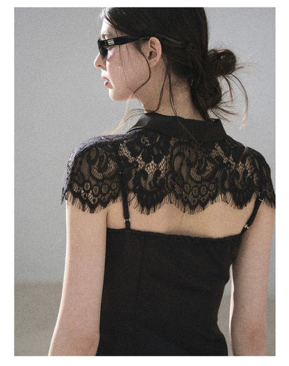 "Moonlit Rose Sonata" Tranquil Black Lace Mini Dress & Cape Set