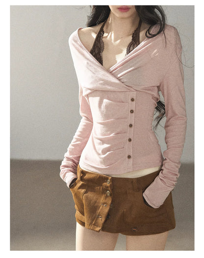 AOMALM - "Rose Garden Daydream" Misty Pink Korean Layered Lace Long-Sleeve Halter Top