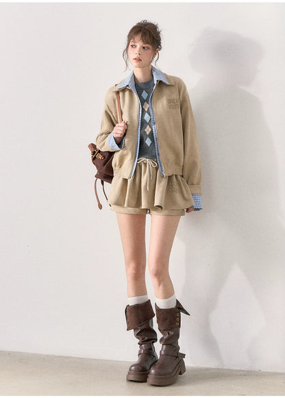 [TMMG] Light Khaki Suede Faux Two-Piece Jacket & Skirt Set