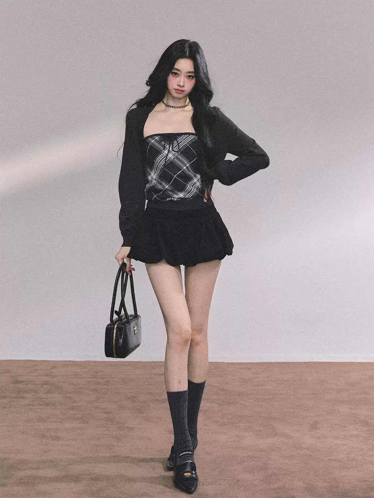 少也眼 Preppy American-Style Plaid Knit Set