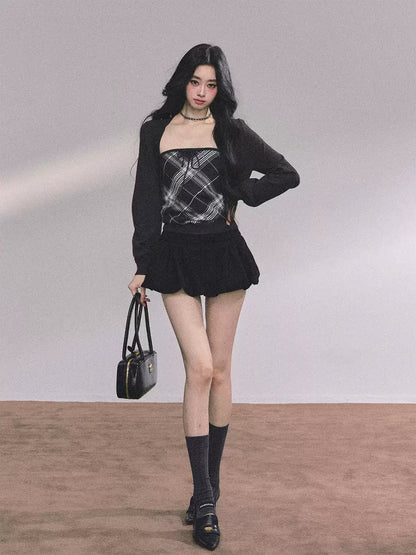 少也眼 Preppy American-Style Plaid Knit Set