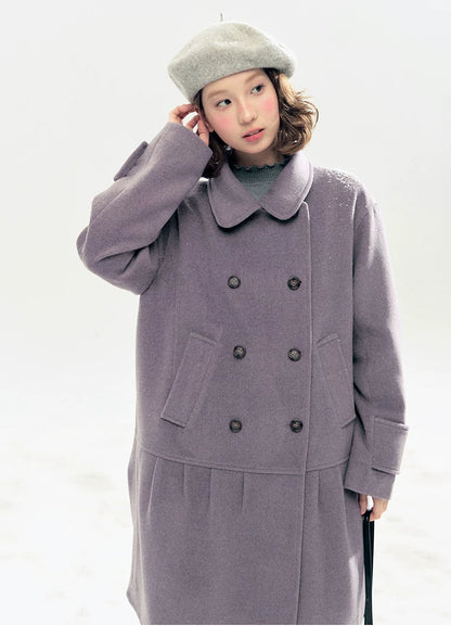 "Winter Chime" Double-Breasted Quilted Wool-Blend Coat (Smoky Purple/ Ash Gray)