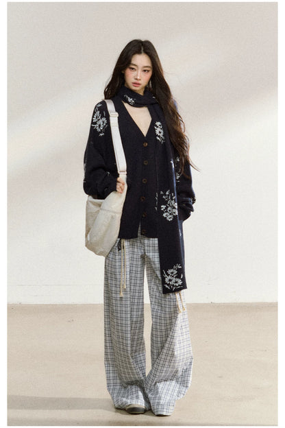 JN's DESIGN - Navy Blue Floral Jacquard V-Neck Cardigan