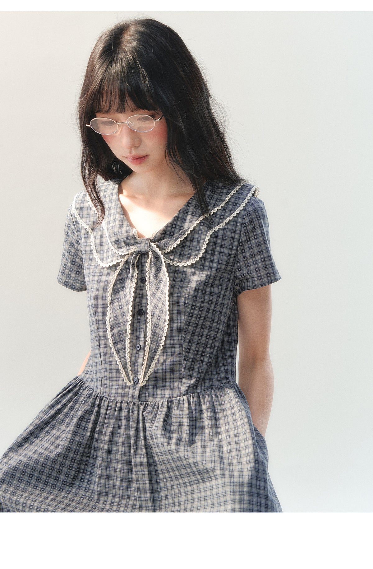 [CAN] "Firwood Plaid Tale" Blue Gray Plaid Lace Doll Collar Dress