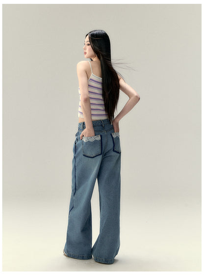 VIAPITTI - Lace Panel Straight-Leg Jeans (Light & Dark Blue)