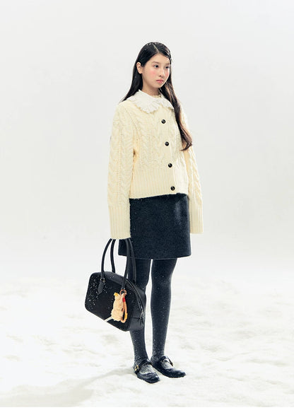"Cotton Mousse" Cable Knit Cardigan with Detachable Ruffle Collar (Cotton Blue/ Soft White)