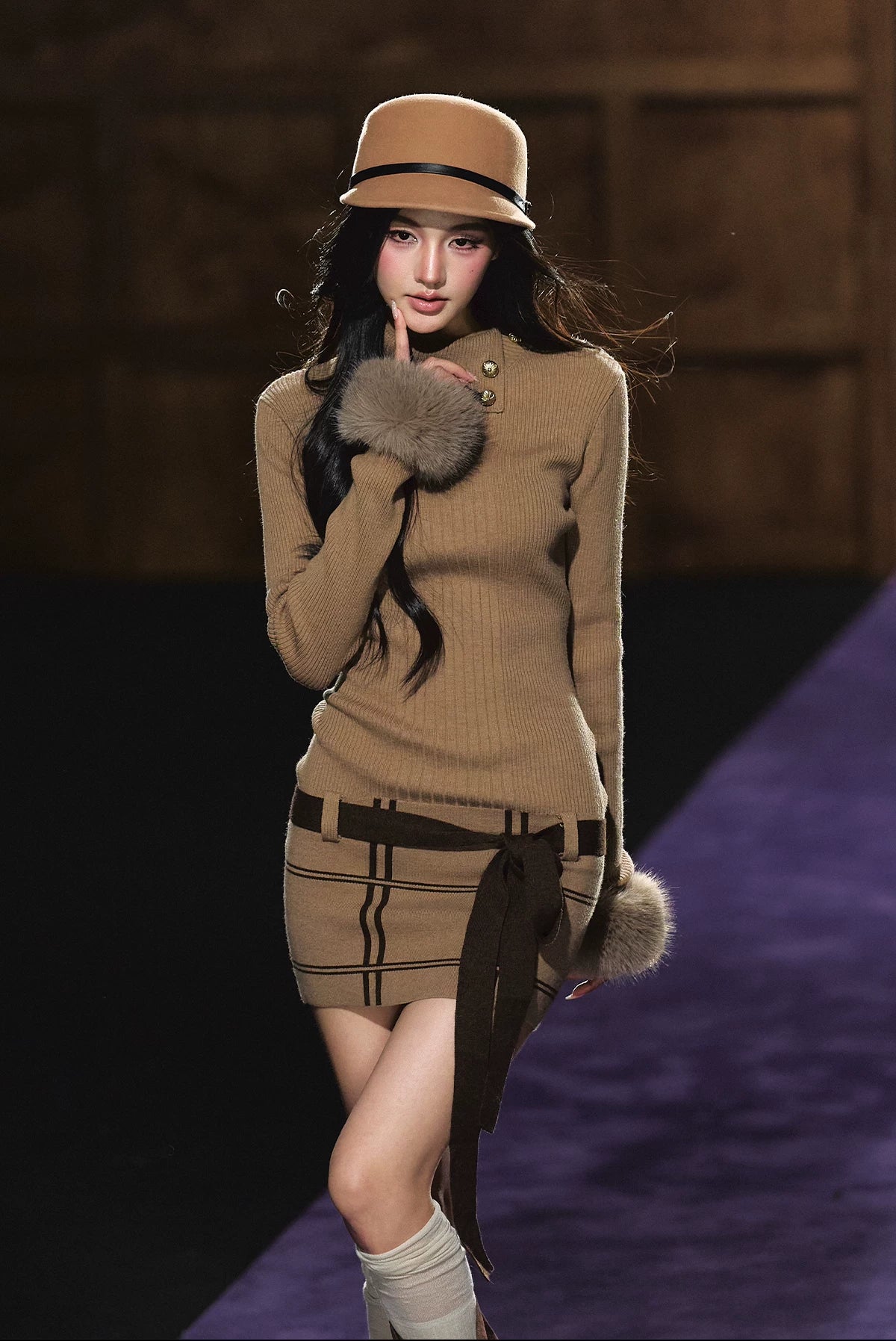"Winter Whisper" Light Khaki Mock Neck Knit Mini Dress