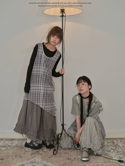 "Quiet Layers" Gray Plaid Mesh Layering Maxi Dress