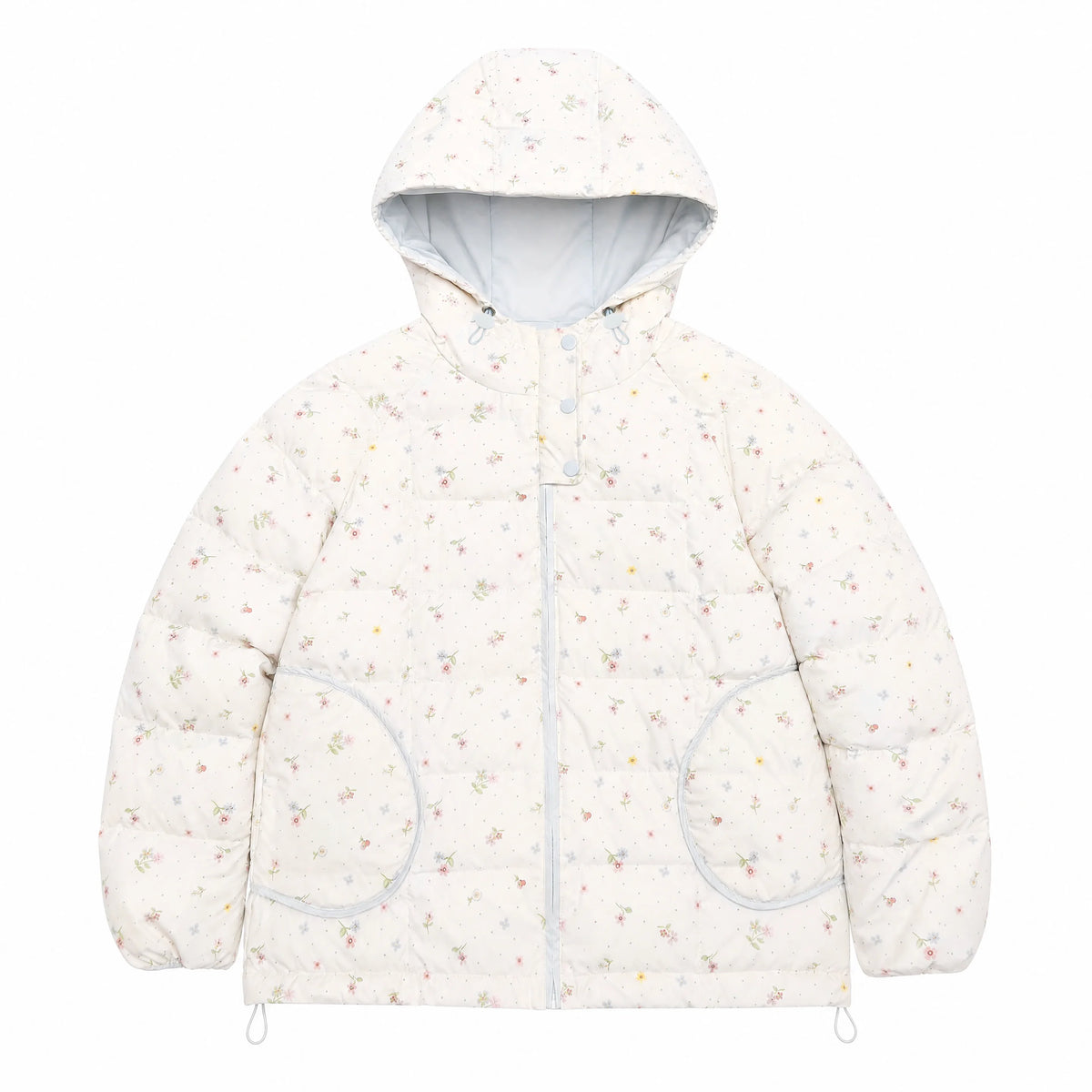 RF - Ivory Floral Print Cropped Hooded Down Jacket with Contrast Lining