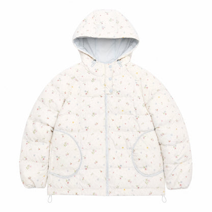 RF - Ivory Floral Print Cropped Hooded Down Jacket with Contrast Lining