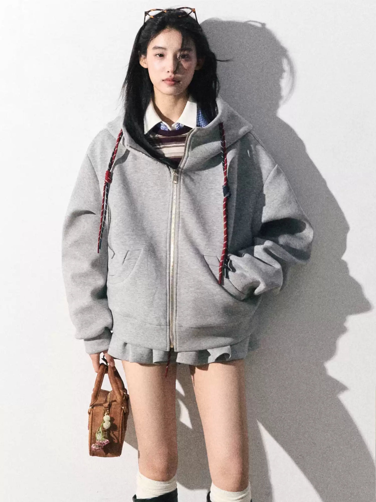 OAKMOO/ "A Trace of Self" Light Heather Gray Miu-Inspired Sporty Hoodie & Skirt Set
