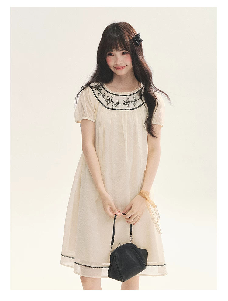 "Midnight Princess" Yellow Flower Rope Embroidered Babydoll Midi Dress