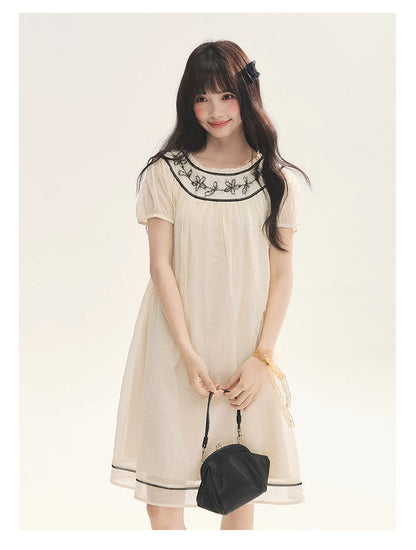 "Midnight Princess" Yellow Flower Rope Embroidered Babydoll Midi Dress