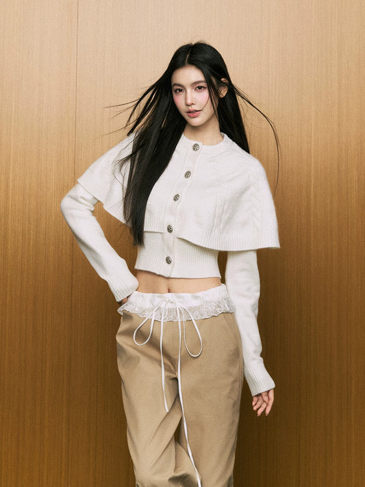 "First Bloom" Cable Knit Cape Cardigan (Ivory/ Navy)