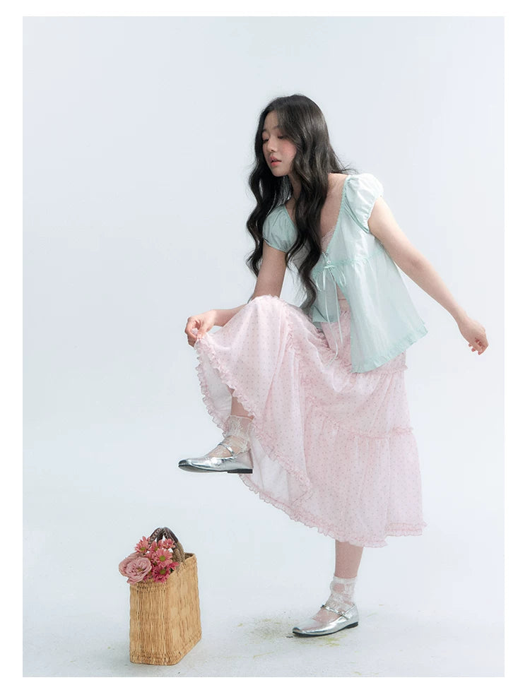 "Bubble Dream" Pink Lavender Polka Dot Tiered Midi Skirt