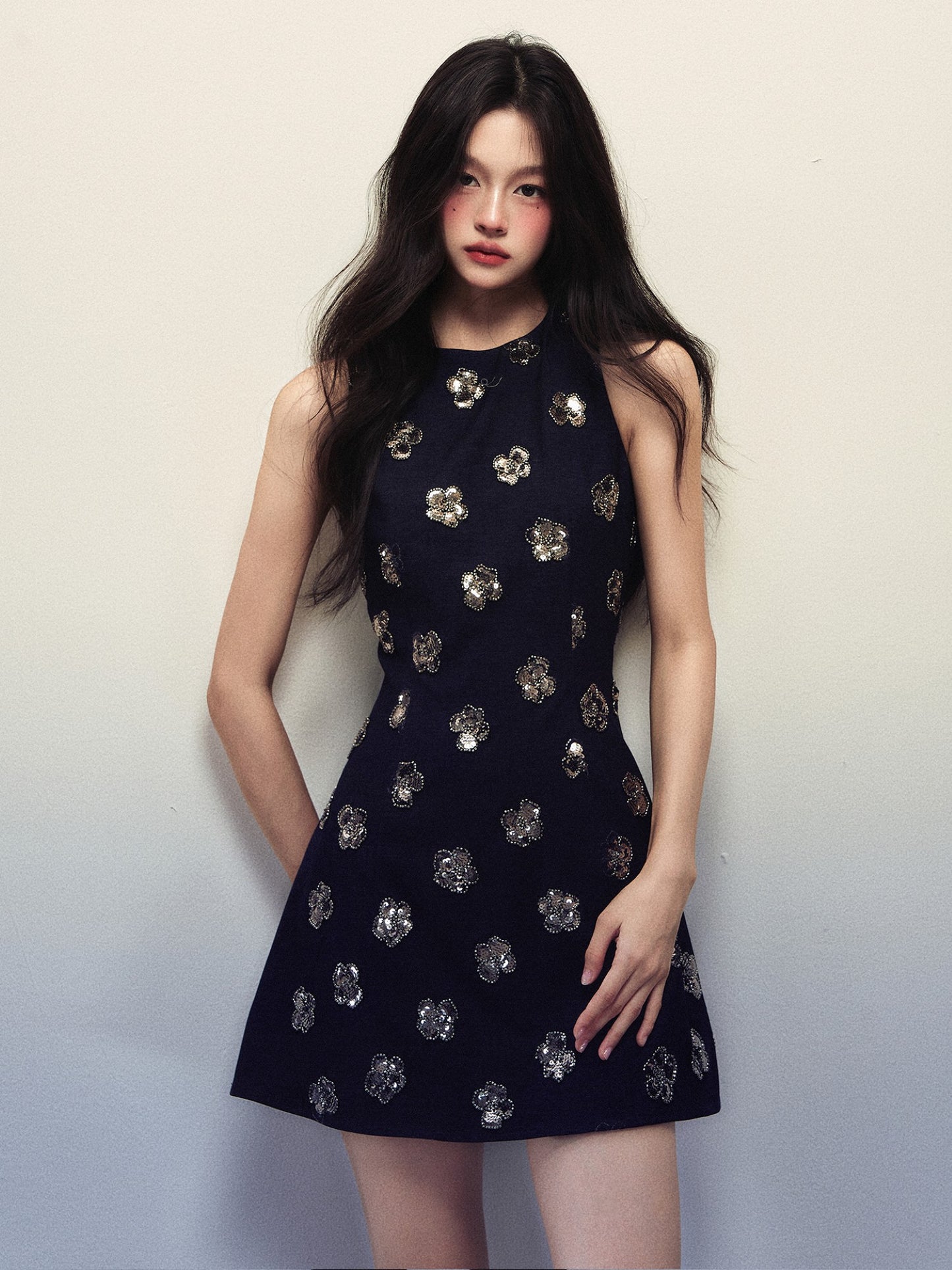 1P - “Shut Down” Midnight Sequin Bloom Mini Dress