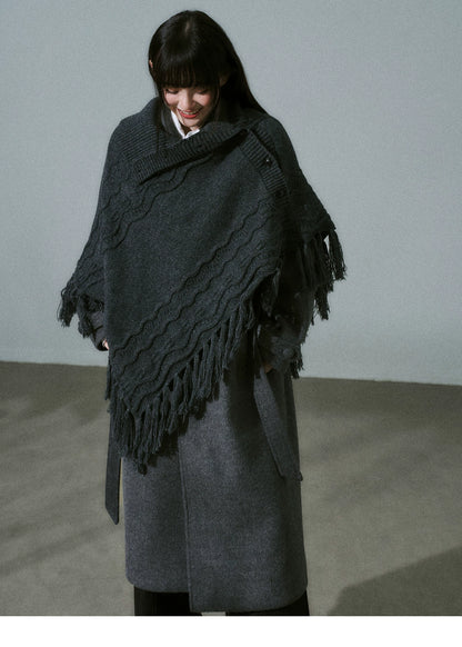 LOST FOREST - Wool-Blend Bow Graphic Fringe Cape Shawl (Coffee / Dark Gray)
