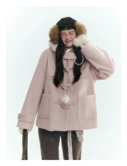 Horridale - Preppy Hooded Wool-Blend Duffle Coat with Pom-Pom Details – Mist Pink