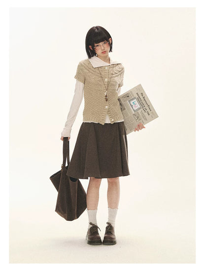 "Rice Knit" Wool-Blend Short Sleeve Knit Cardigan (Moss Coffee Green/ Dusk Dusty Pink)