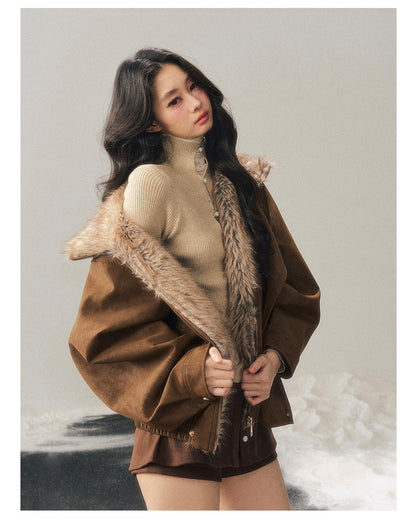 少也眼 "Cloud Veils Over the Mountains" Hepburn-Style Padded Faux Suede Butterfly Coat