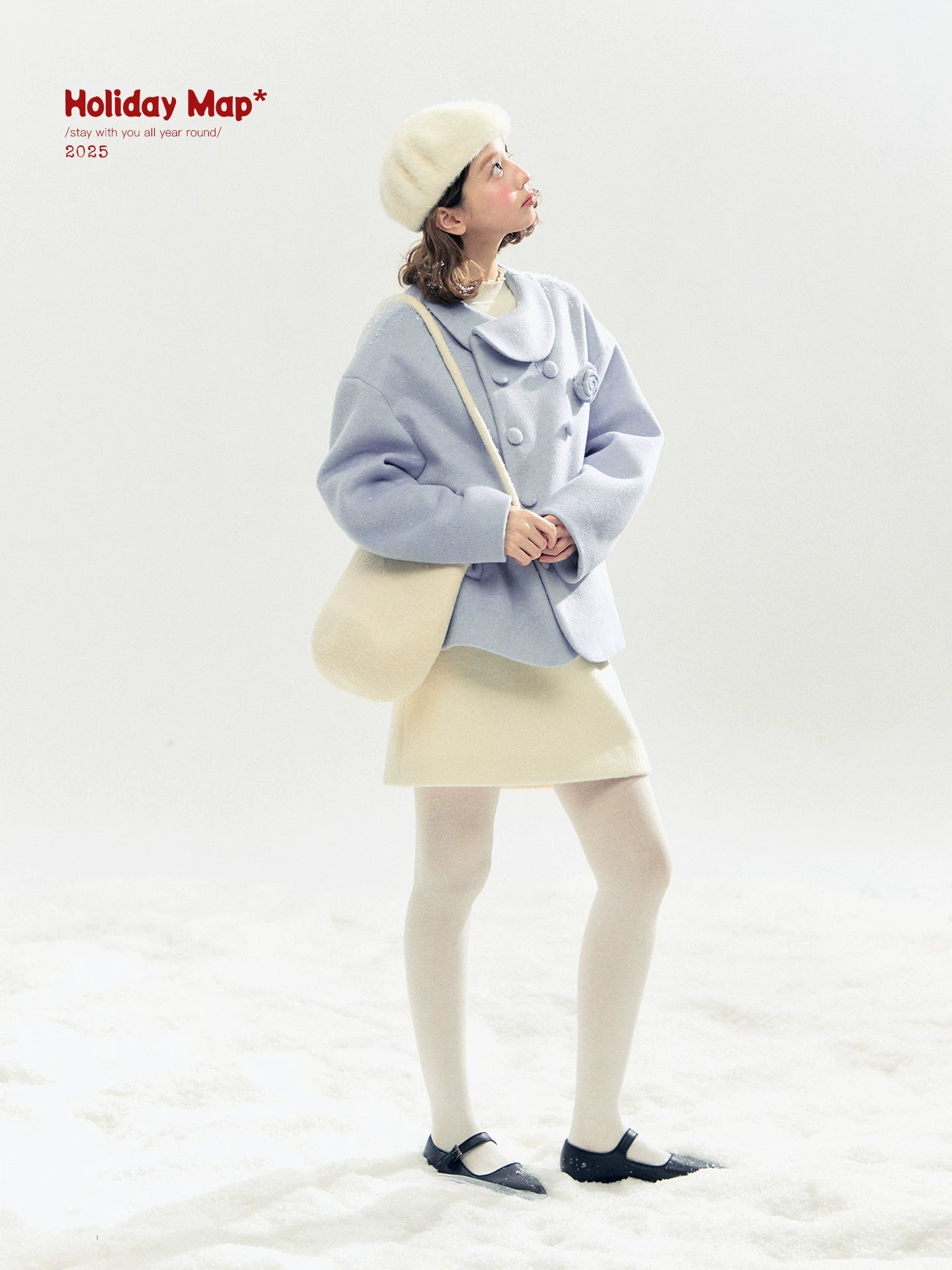 "Morning Mist" A-Line Wool-Blend Mini Skirt (Mist Gray/ Cream Beige)
