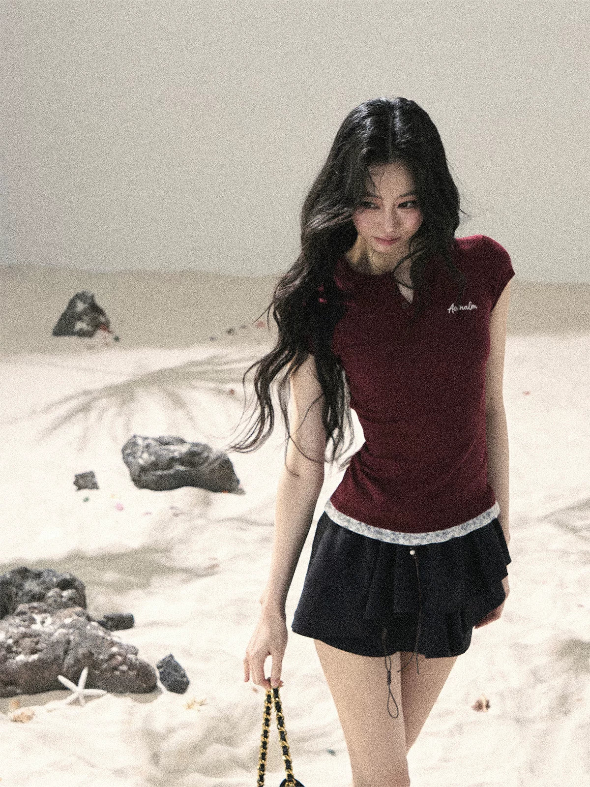 "Letter from the Tides" Burgundy Red Faux Two-Piece Lace Waist-Fit Crop Top 452436