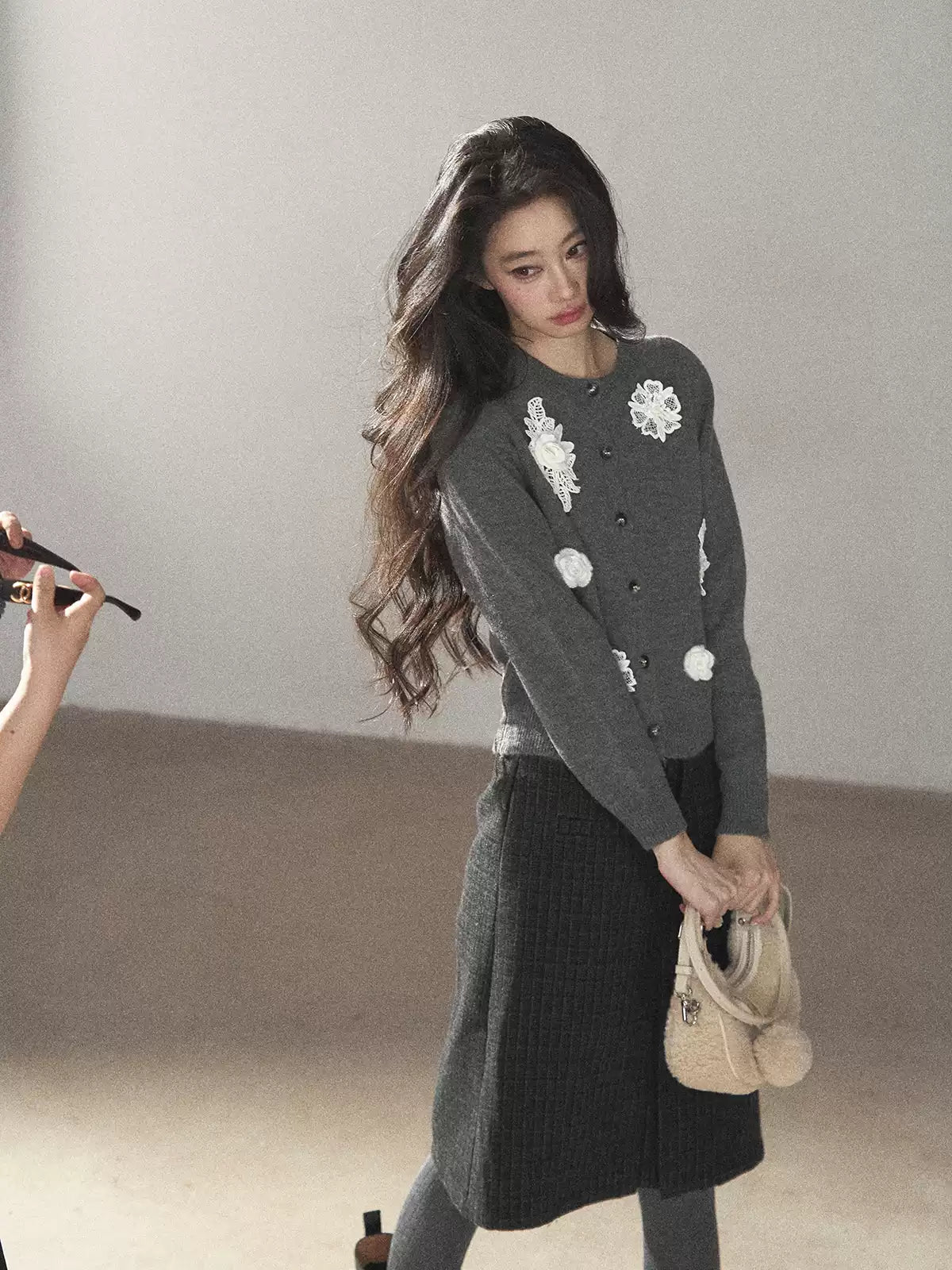 AOMALM - Paris Gray 3D Flower Knit Cardigan