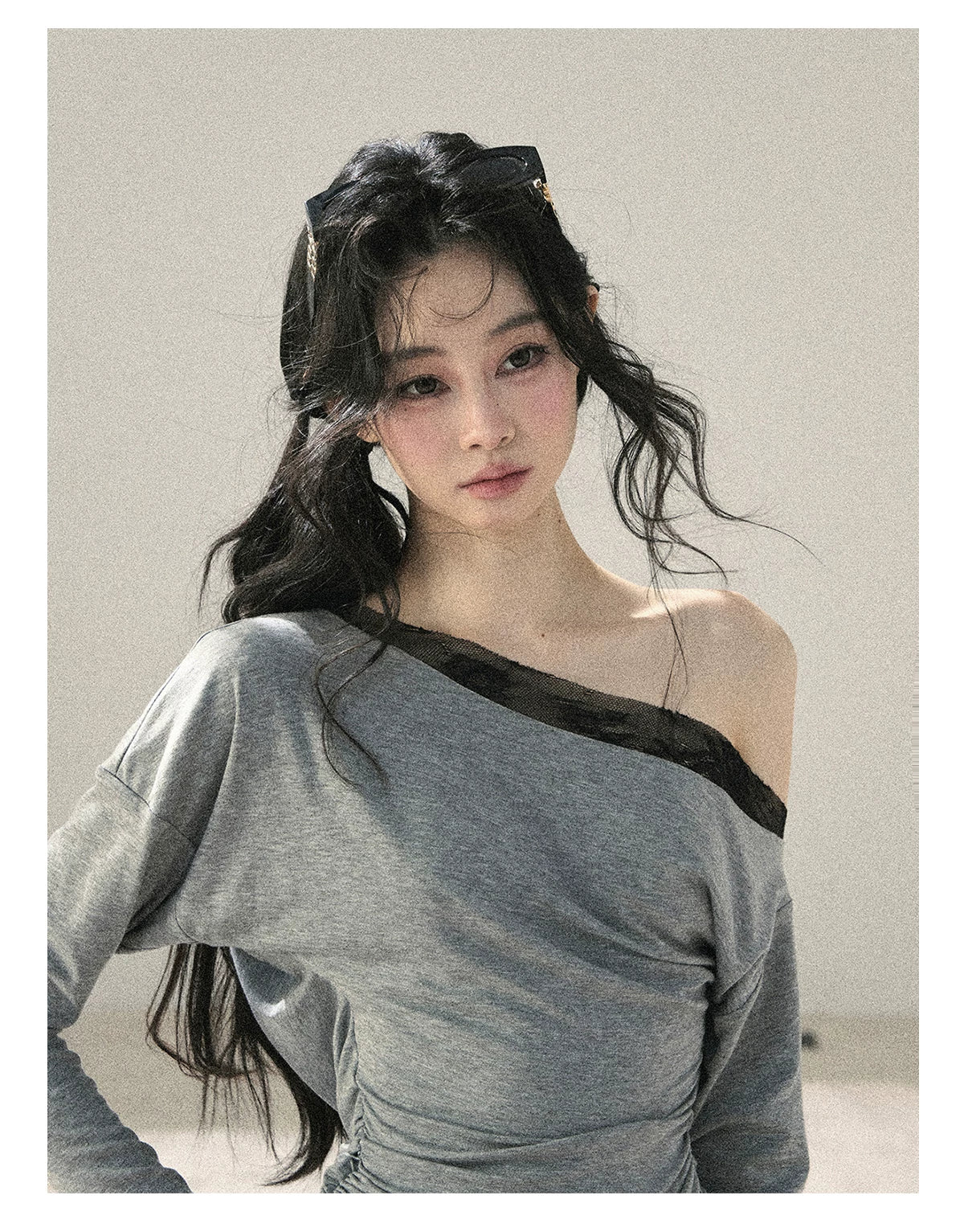 "Free Spirit" Moon Mist Gray Faux-Layer One-Shoulder Lace Top