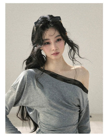 "Free Spirit" Moon Mist Gray Faux-Layer One-Shoulder Lace Top