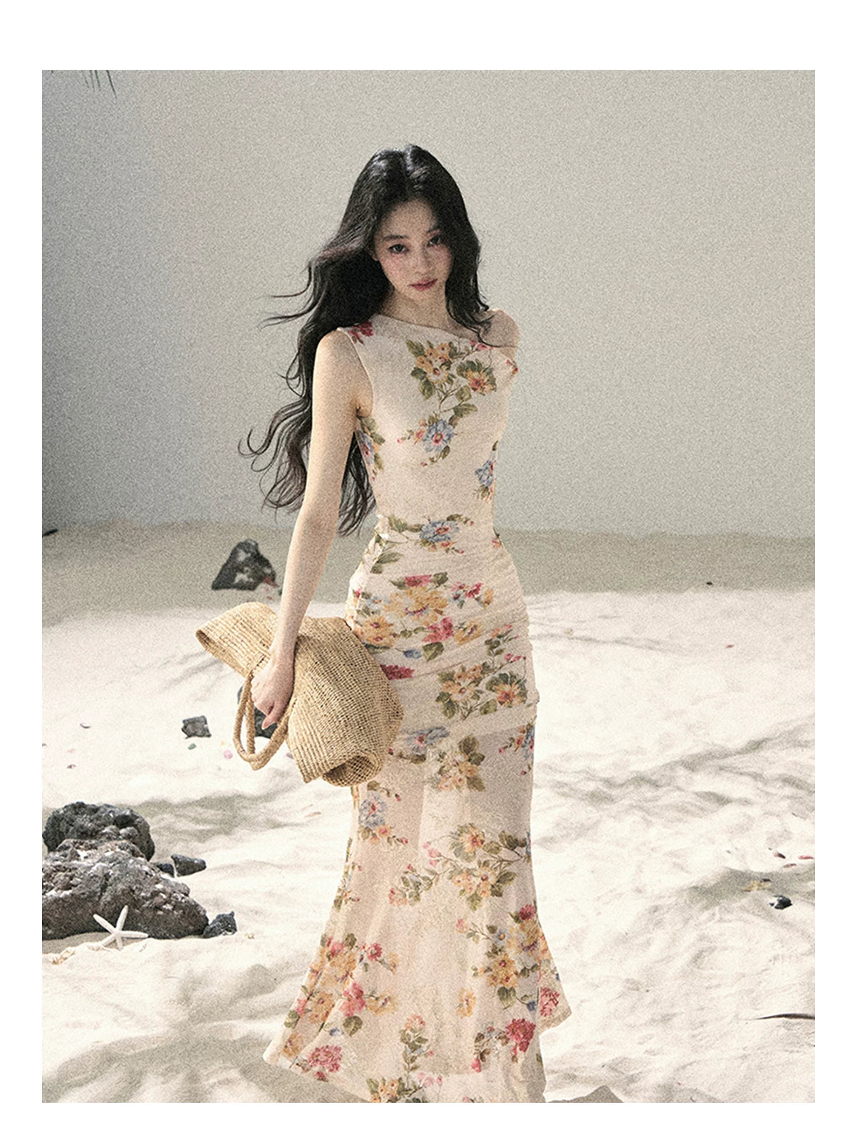 "Waiting for Blossoms" Dutch Cream Floral Mermaid Maxi Dress 43236