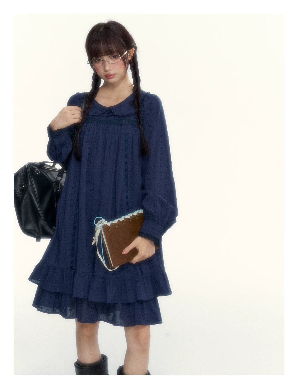 “Vintage Ribbon” Navy Peter Pan Collar Lace-Trimmed A-Line Dress