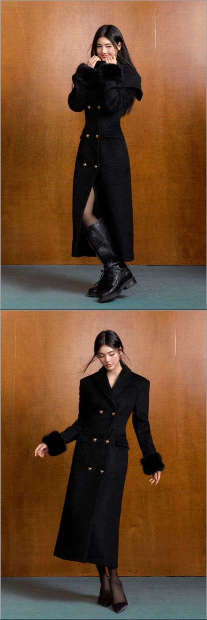 "Manor Elegance" Detachable Faux Fur Wool Coat & Knit Scarf Set