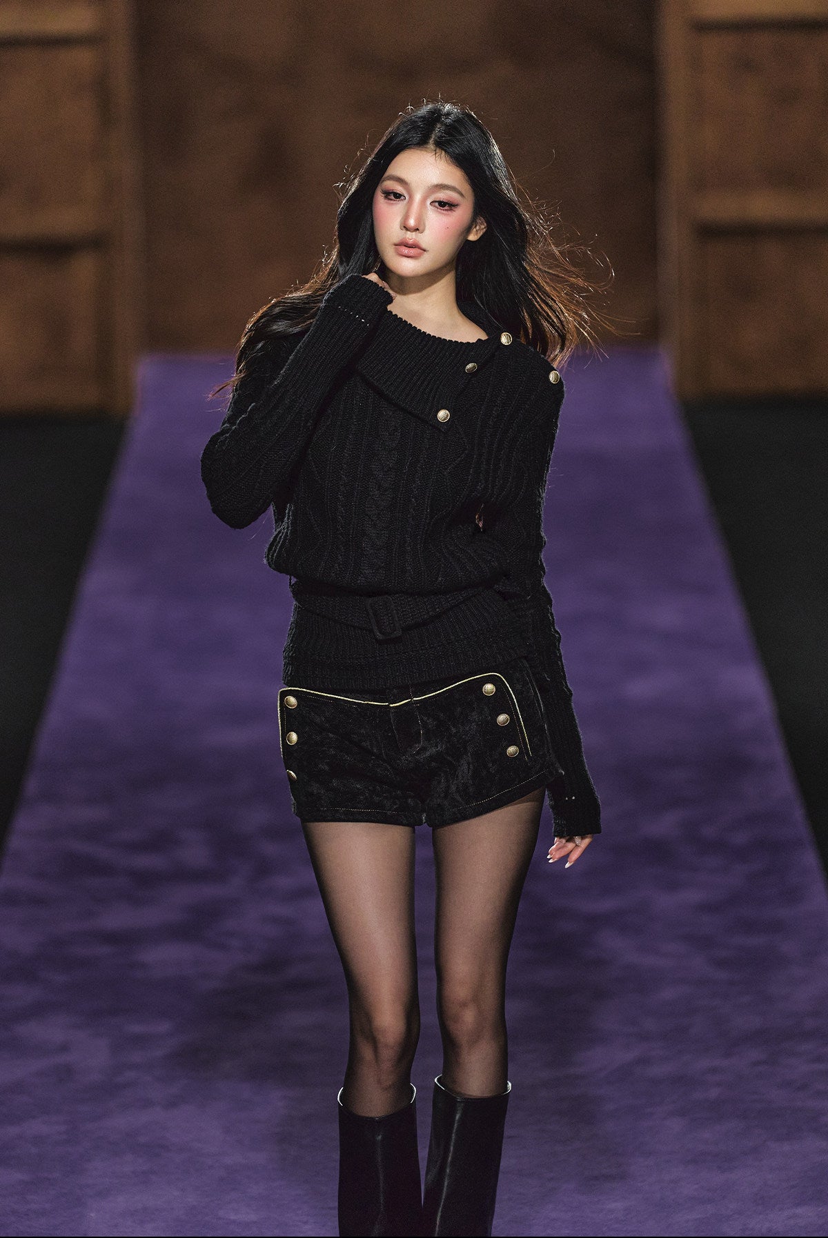 "Winter Hearth" Black Australian Wool Cable-Knit Mock Neck Sweater