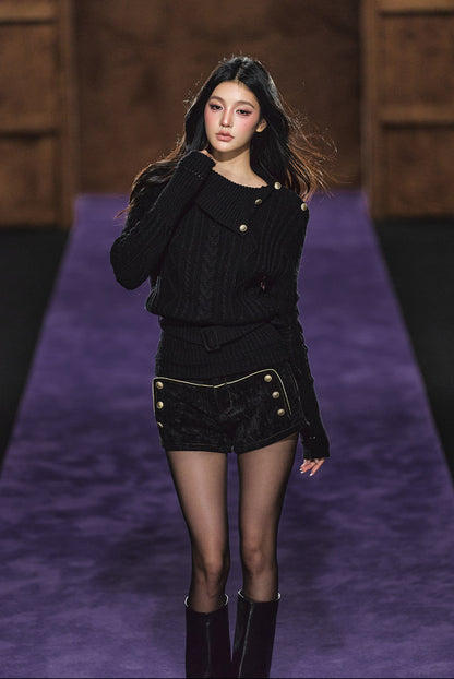 "Winter Hearth" Black Australian Wool Cable-Knit Mock Neck Sweater