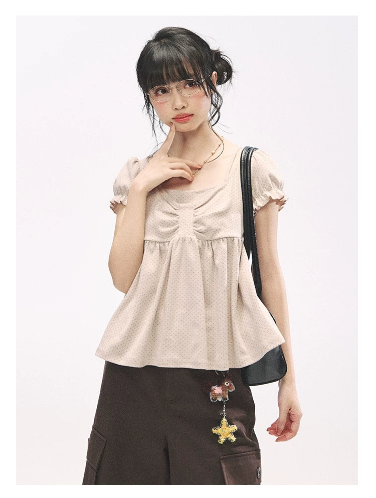 "Sweetheart Crew" Polka Dot Faux Two-Piece Bow Knit Short Sleeve Top