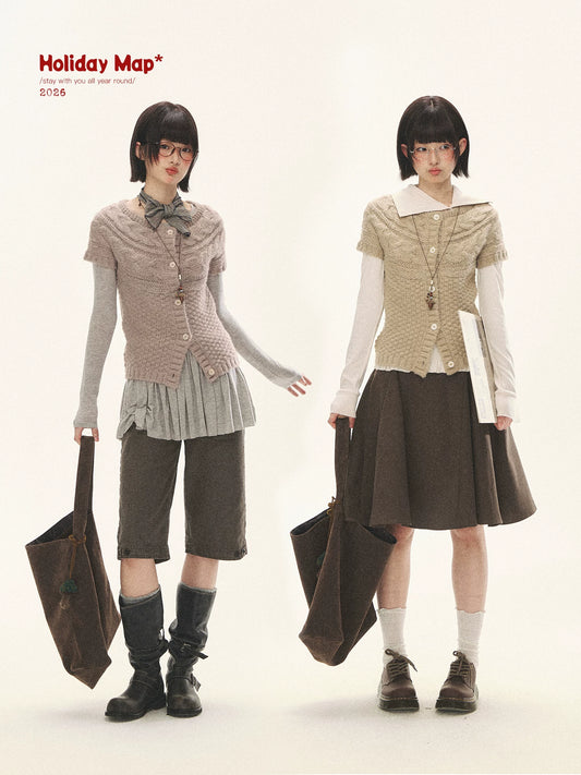 "Rice Knit" Wool-Blend Short Sleeve Knit Cardigan (Moss Coffee Green/ Dusk Dusty Pink)