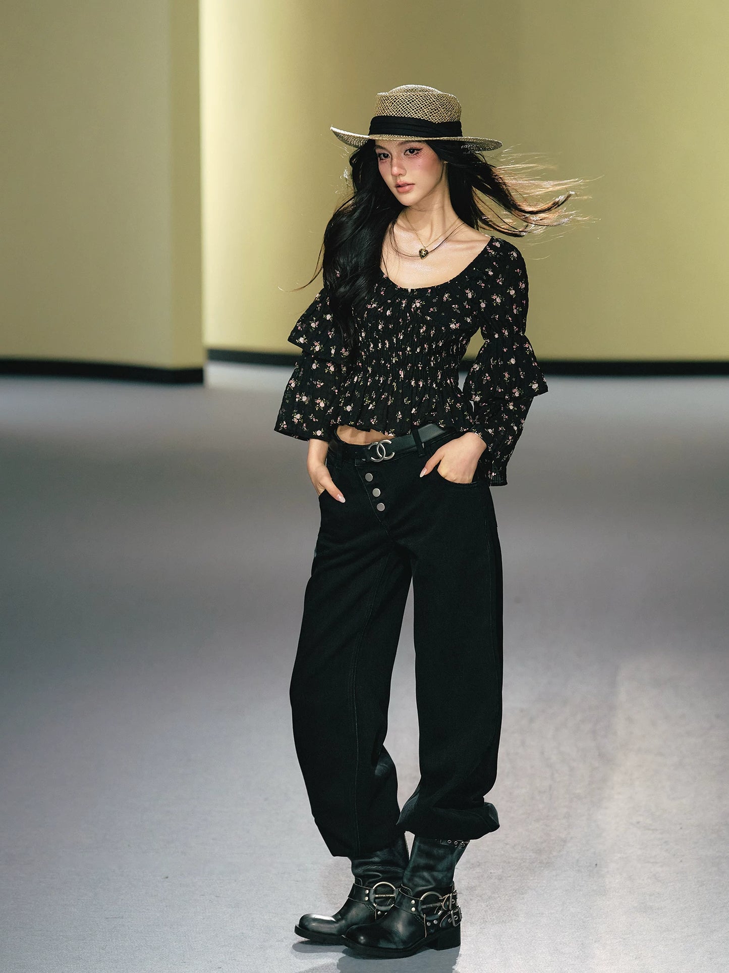 "Midnight Tea Garden" Black Floral Ruffle Blouse & Tiered Mini Skirt Set