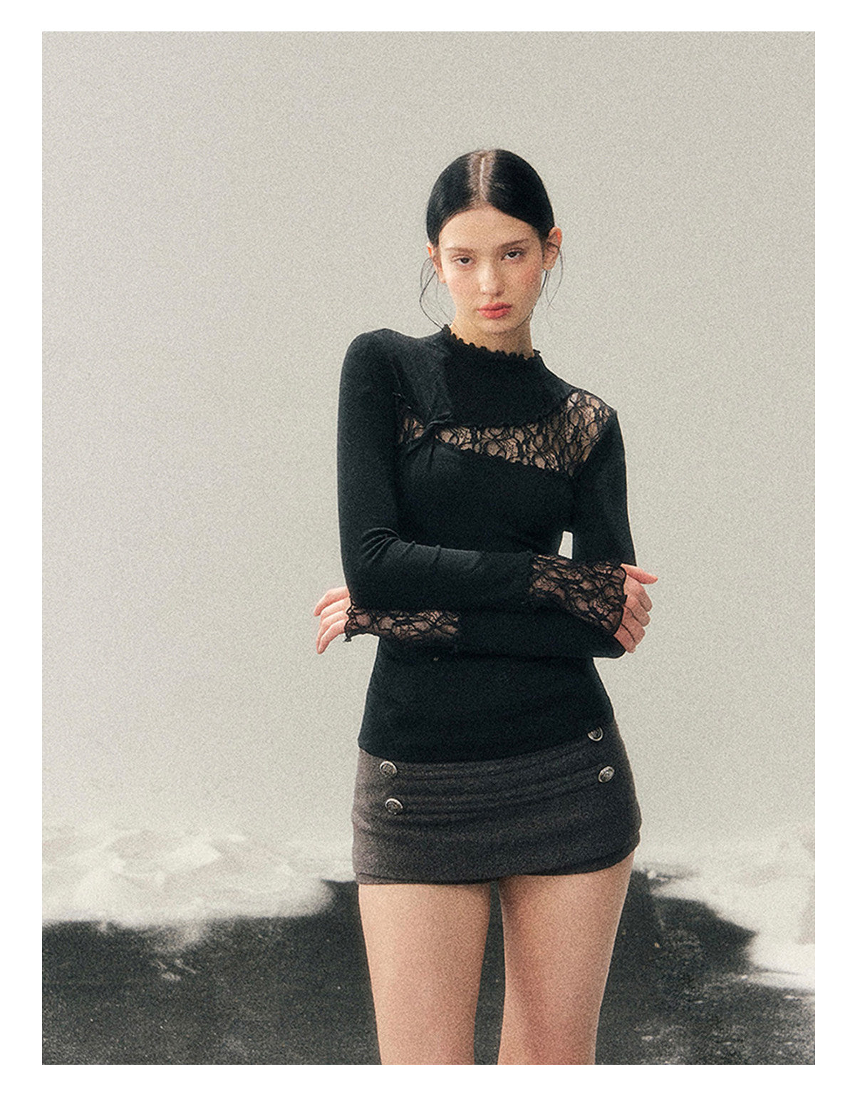 少也眼 “Interplay of Illusion” Semi-High Neck Lace Cutout Top - Black