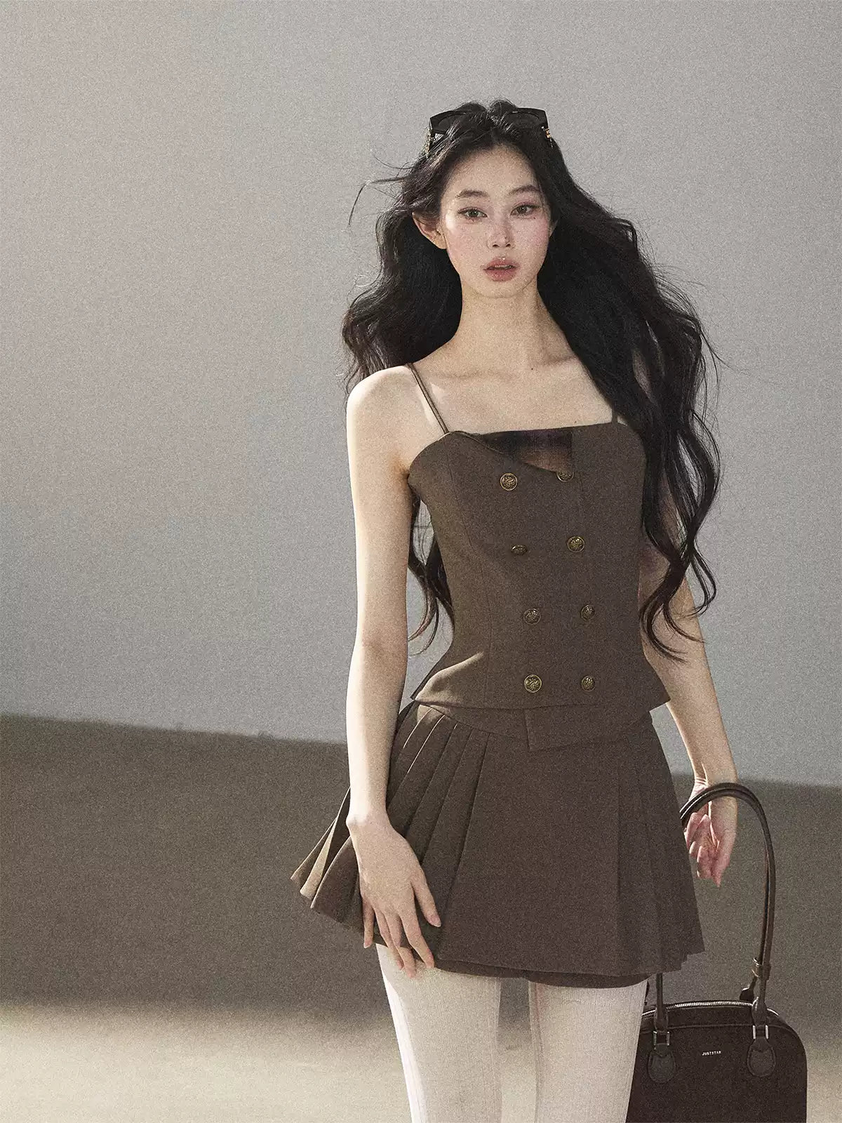 AOMALM - “Evening Breeze in the Valley” Chestnut Brown Blazer, Cami & Pleated Skort Set