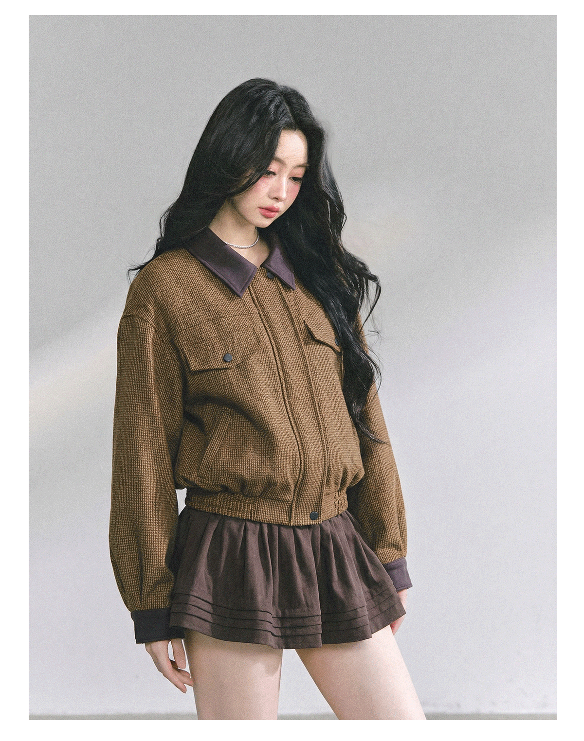 少也眼 "Falling Wutong Leaves" Hepburn Wool Tweed Two-Piece Set - Coffee Brown