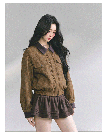 少也眼 "Falling Wutong Leaves" Hepburn Wool Tweed Two-Piece Set - Coffee Brown