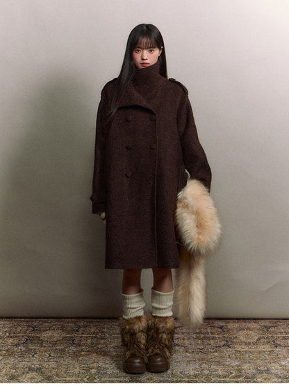 Soote Season - Deep Roast Brown Korean-Inspired Lady Collar Bouclé Long Wool Coat